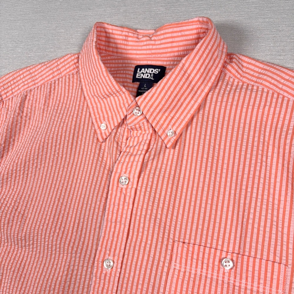 Lands' End Seersucker Shirt Mens Size L Striped Cotton Short Sleeve Button Down